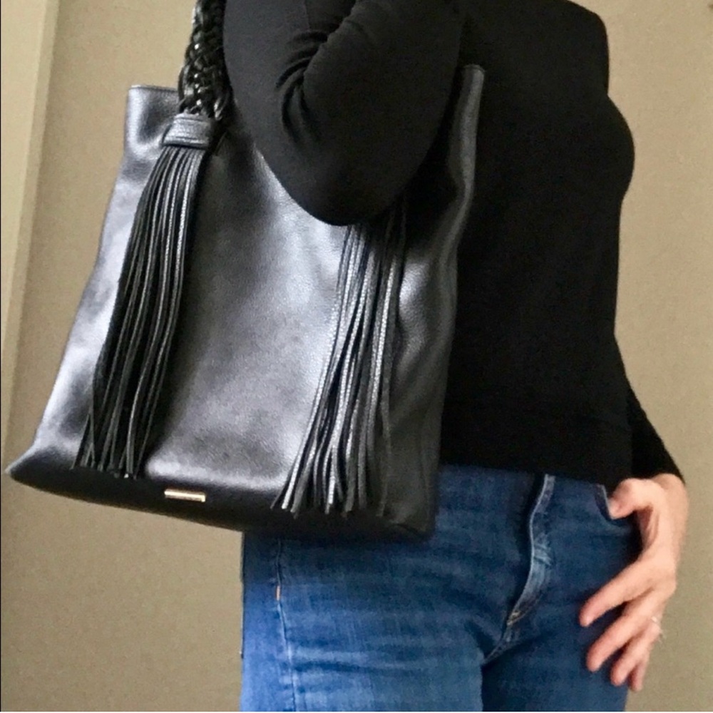 Rebecca Minkoff Wendy Black Leather Shoulder Tote bag with fringe